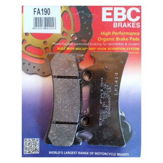 EBC Brakes Organic Motorcycle Brake Pad FA190 with textured surface and metal backing plate for reliable stopping power