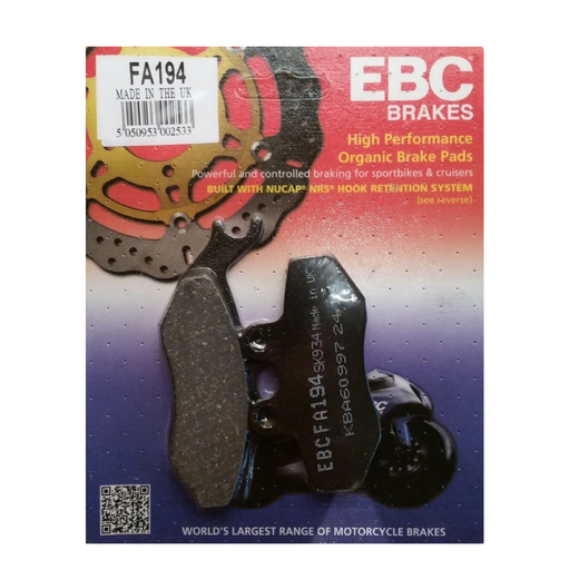 EBC Brakes Motorcycle Organic Brake Pad FA194 showing the black brake pad with metal backing plate and EBC branding