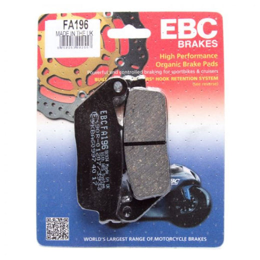 EBC Brakes Organic Motorcycle Brake Pad FA196, showing the black brake pad with metal backing plate and friction material.