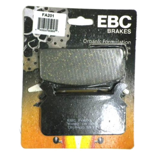 EBC Brakes organic motorcycle brake pad FA201 with black friction surface and metal backing plate, designed for reliable stopping power.