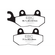 EBC Brakes motorcycle organic brake pad FA214/2 installed on a motorcycle brake rotor, showing durable friction surface and metal backing.