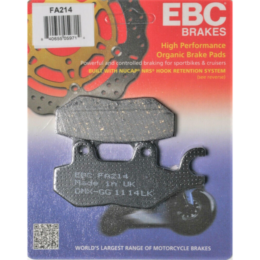EBC Brakes Organic Motorcycle Brake Pad FA214 showing the black friction material and metal backing plate.