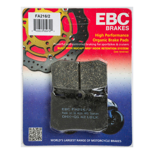 EBC Brakes Organic Motorcycle Brake Pad FA216/2 with metal backing, shown close-up on a clean surface.