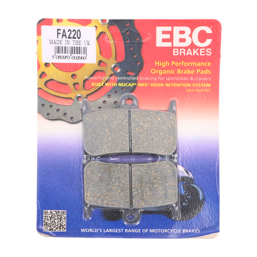 EBC Brakes Organic Motorcycle Brake Pad FA220 showing the black, friction material with metal backing plate.