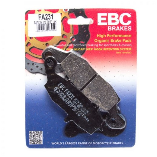 EBC Brakes Motorcycles Organic Brake Pad FA231 showing the black brake pad with EBC branding and packaging.