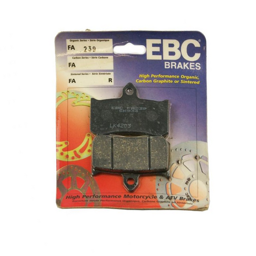 EBC Brakes Organic Motorcycle Brake Pad FA239 showing the black composite material and metal backing plate.