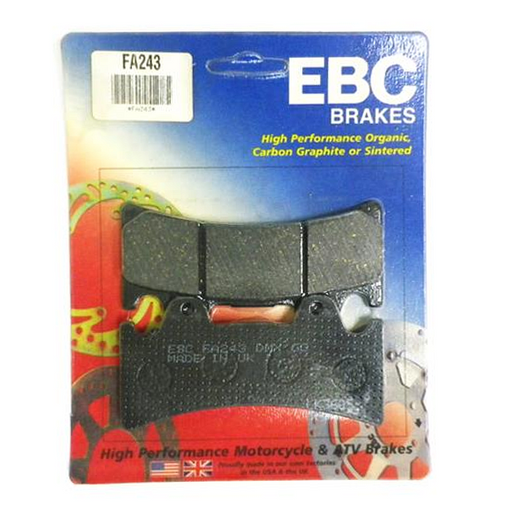 EBC Brakes Motorcycle Organic Brake Pad FA243 shows the textured brake pad surface with metal backing plate.