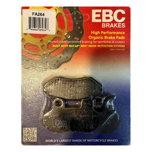 EBC Brakes Organic Motorcycle Brake Pad FA264 showing the black brake pad with metal backing plate and EBC branding.