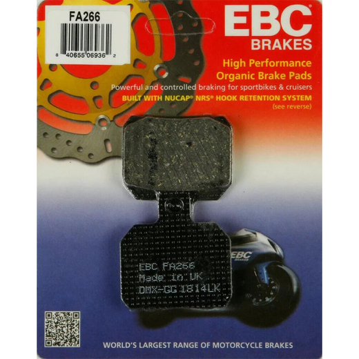 EBC Brakes Organic Motorcycle Brake Pad FA266 showing the black organic brake pad with metal backing plate