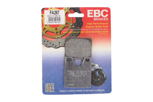 EBC Brakes Motorcycle Organic Brake Pad FA267 with visible brake pad structure and branding for effective stopping power.