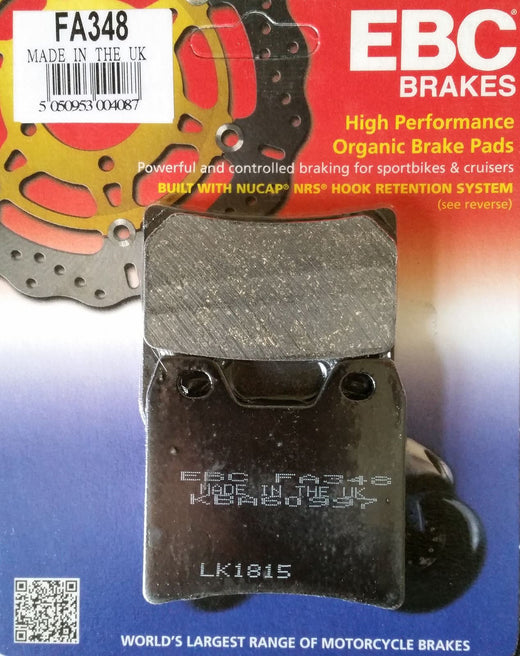 EBC Brakes organic motorcycle brake pad FA348 showing the disc contact surface and branding details