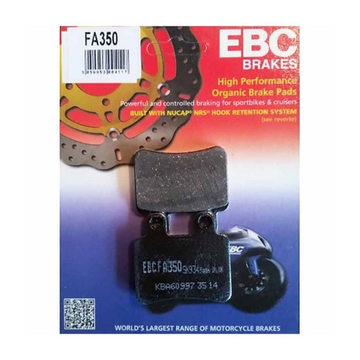 EBC Brakes Motorcycle Organic Brake Pad FA350 showing the brake pad with labeled friction surface and mounting features.