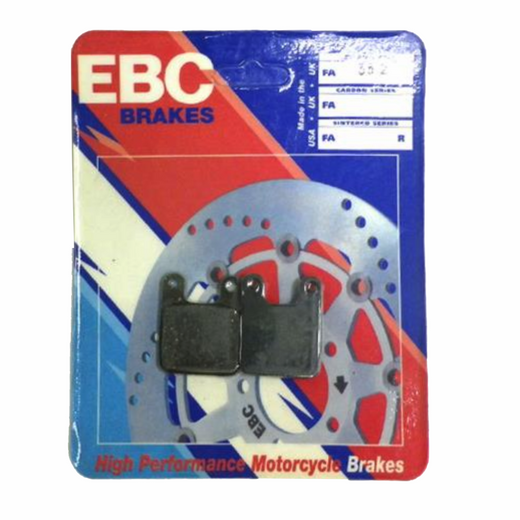 EBC Brakes organic motorcycle brake pad FA352 showing the black friction material and metal backing plate.