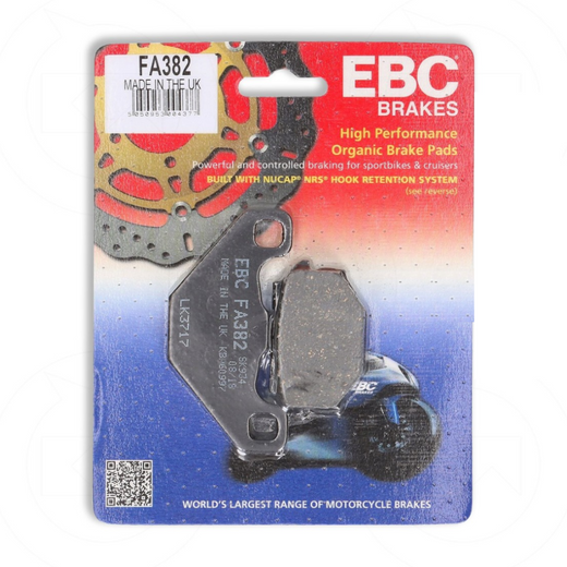EBC Brakes Organic Motorcycle Brake Pad FA382 showing the textured brake pad surface and metal backing plate.