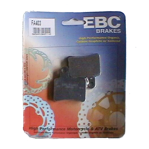 EBC Brakes motorcycle organic brake pad FA403 shown with black friction material and metal backing plate for reliable stopping power.