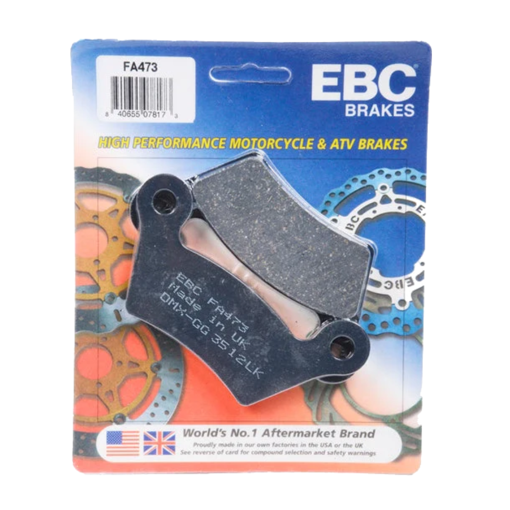 EBC Brakes motorcycle organic brake pad FA473 with metal backing plate and friction material for reliable stopping power.