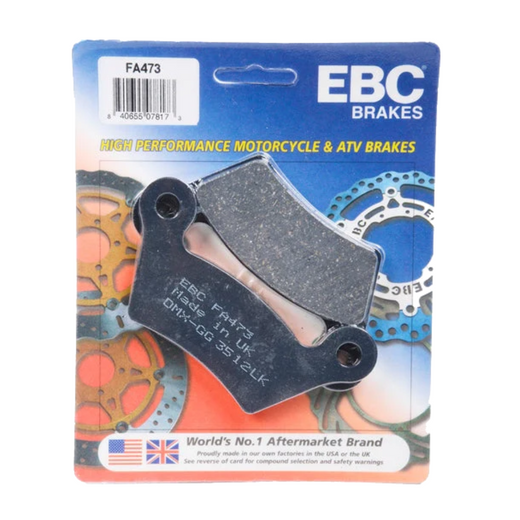 EBC Brakes motorcycle organic brake pad FA473 showing the black composite material and metal backing plate.