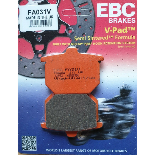 EBC Brakes off-road motorcycle semi-sintered brake pad FA031V shown with detailed metallic surface and sturdy brake material.