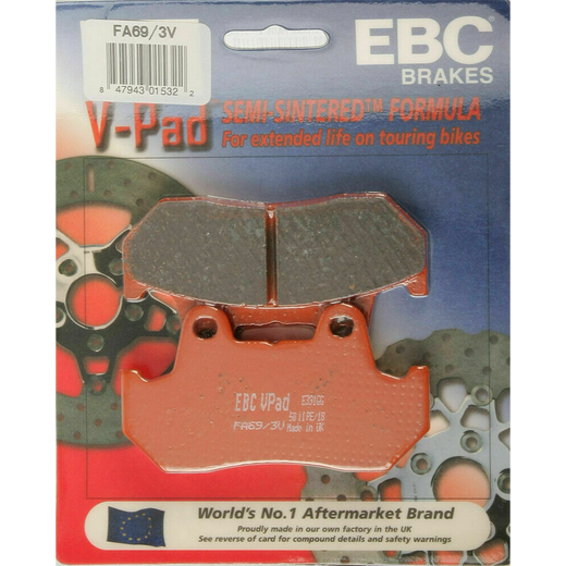 EBC Brakes off-road motorcycle semi-sintered brake pad FA069/3V, showing the brake pad with metal backing and friction surface.