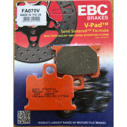 EBC Brakes off-road motorcycle semi-sintered brake pad FA070V showing the textured brake pad surface and mounting hardware.