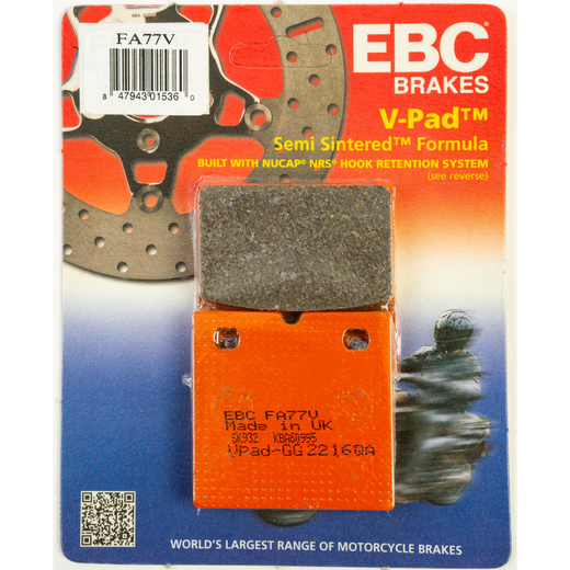 EBC Brakes off-road motorcycle semi-sintered brake pad FA077V showing textured surface and metal backing plate.