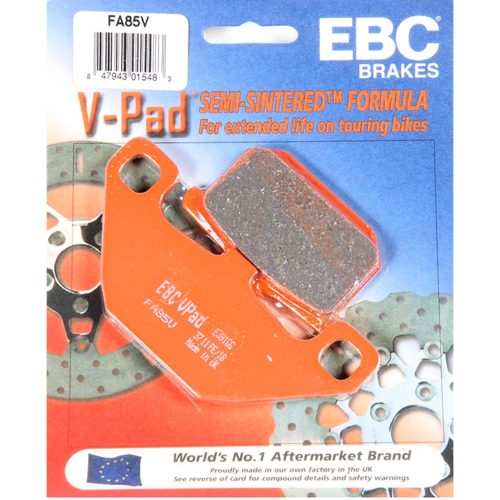 EBC off-road motorcycle semi-sintered brake pad FA085V shown with detailed friction surface and metal backing plate.