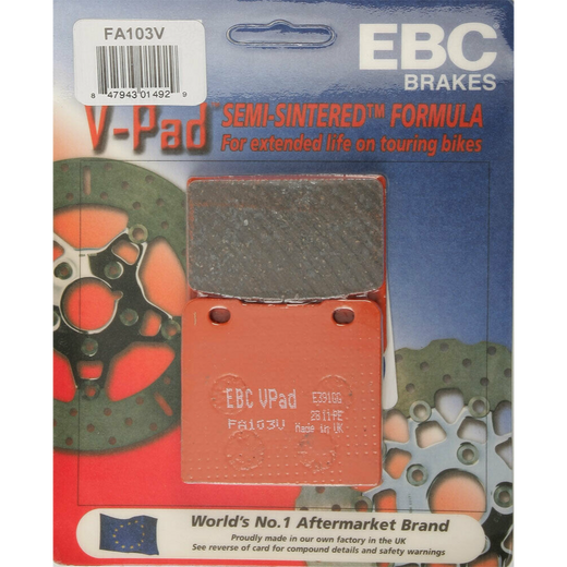 EBC Brakes off-road motorcycle semi-sintered brake pad FA103V with metal backing and friction surface for enhanced stopping power.