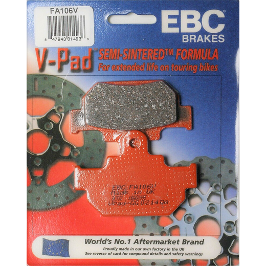 EBC Brakes off-road motorcycle semi-sintered brake pad FA106V with metal backing plate and friction material for off-road braking.