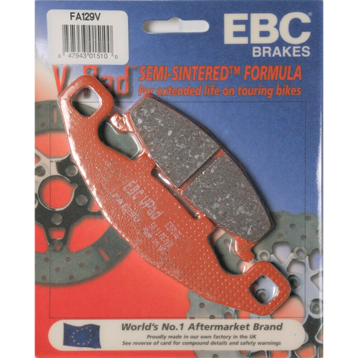 EBC Brakes off-road motorcycle semi-sintered brake pad FA129V with detailed friction surface and mounting clips.