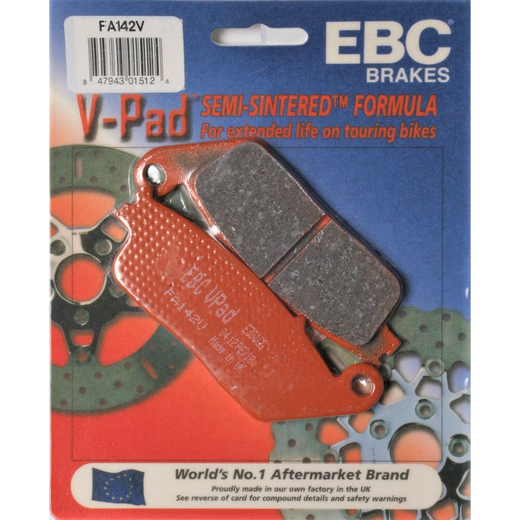 EBC Brakes Off Road Motorcycle Semi-Sintered Brake Pad FA142V with metallic backing and brake friction material for off-road riding.