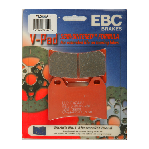 EBC Off Road Motorcycle Semi-Sintered Brake Pad FA244V installed on a motorcycle brake disc, showcasing durable brake component.