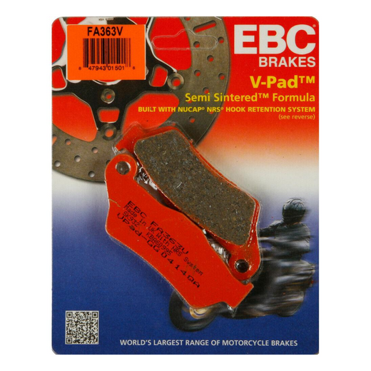 EBC Off Road Motorcycle Semi-Sintered Brake Pad FA363V with metal backing and brake material, designed for off-road riding.