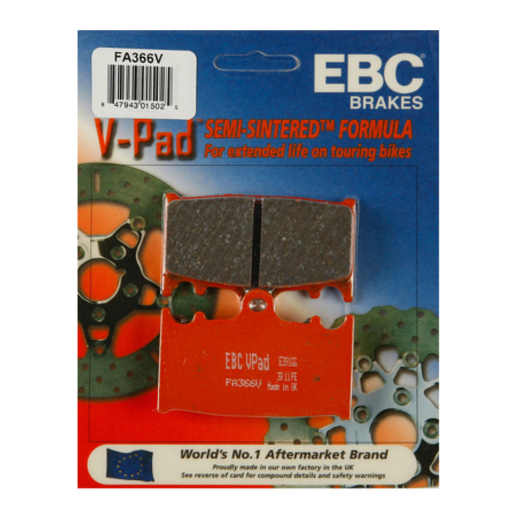 EBC Off Road Motorcycle Semi-Sintered Brake Pad FA366V installed on brake caliper, showing detailed friction surface and mounting hardware.