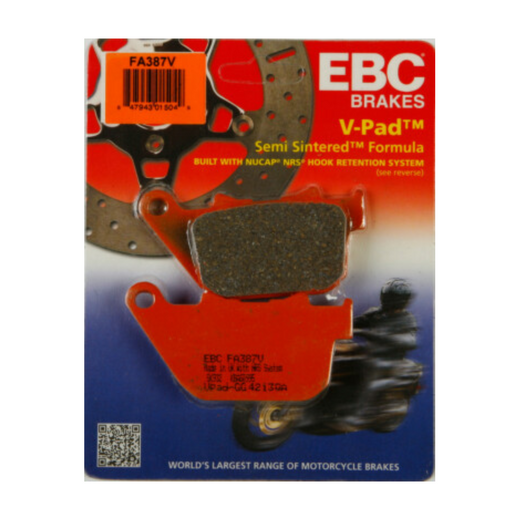 EBC Brakes Off Road Motorcycle Semi-Sintered Brake Pad FA387V showing the brake pad with textured surface and mounting hardware.
