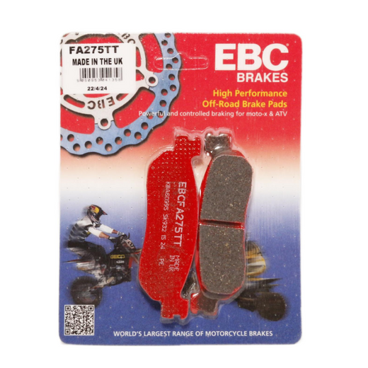 EBC TT Hybrid Carbon Brake Pad for off-road motorcycles, showing the black and metal brake pad with branding details.