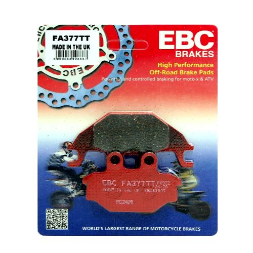 EBC Brakes Off Road TT Hybrid Carbon Motorcycle Brake Pad FA377TT showing the black carbon composite surface and mounting hardware.