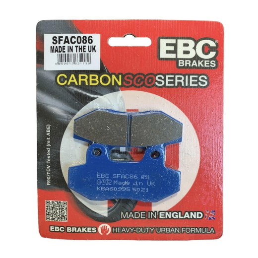 EBC Scooters Carbon Brake Pad SFAC086 showing black brake pad with metal backing and EBC branding for scooter braking system