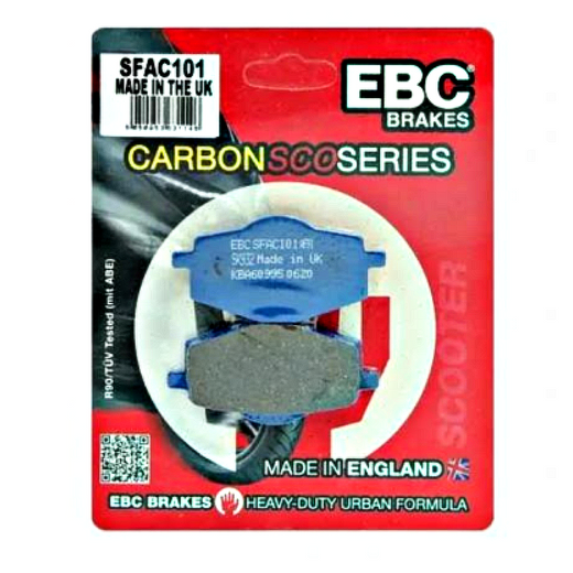 EBC Brakes Scooters Carbon Brake Pad SFAC101 showing black brake pad with metal backing plate for scooter braking system.