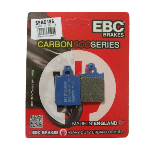 EBC Brakes Scooters Carbon Brake Pad SFAC186, close-up of black brake pad with EBC branding for scooters.