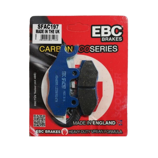 EBC Brakes Scooters Carbon Brake Pad SFAC197 with textured surface and mounting tab, designed for scooter braking systems.