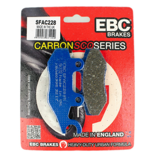 EBC Brakes Scooters Carbon Brake Pad SFAC228 installed on scooter brake caliper, close-up view of the lightweight brake component.