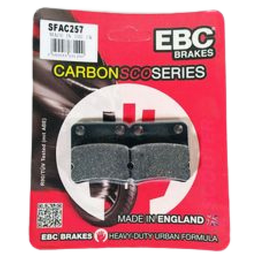 EBC Brakes Scooters Carbon Brake Pad SFAC257 showing close-up of black brake pad with branding and textured surface.