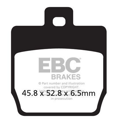 EBC Scooters Carbon Brake Pad SFAC268 showing the black brake pad with branding and mounting holes for scooter braking system.
