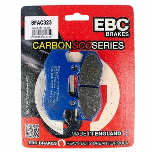 EBC Brakes Scooters Carbon Brake Pad SFAC323 installed on a scooter, showing the black brake pad with metal backing plate.