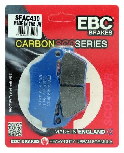 EBC Brakes Scooters Carbon Brake Pad SFAC430 showing black ceramic pad with mounting hardware for scooter braking system.