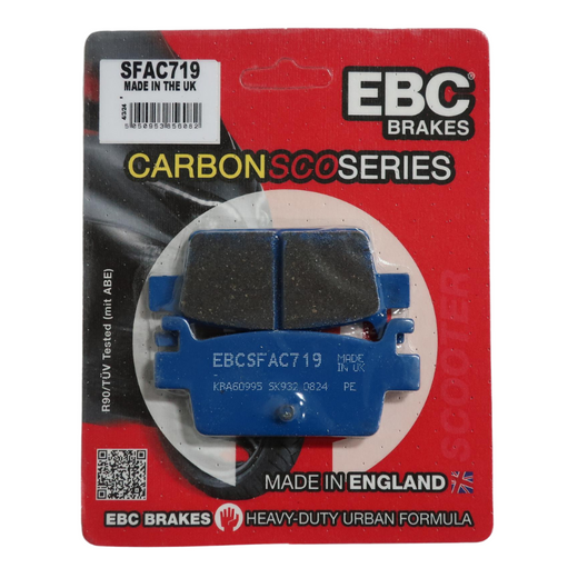 EBC Brakes Scooters Carbon Brake Pad SFAC719 showing the black brake pad with branding and mounting hardware.