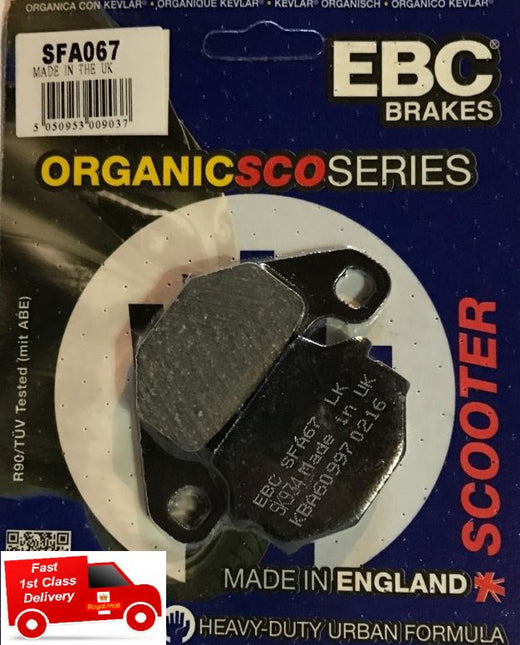 EBC Brakes Scooters organic brake pad SFA067 showing black friction surface and metal backing for scooter braking system.