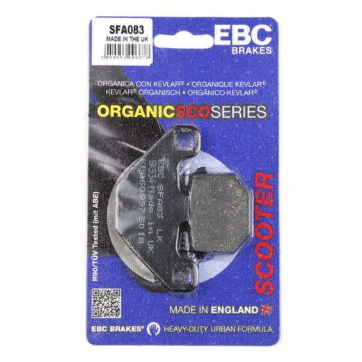 EBC Scooters organic brake pad SFA083 installed on scooter brake caliper, showing detailed view of the brake pad material and design.