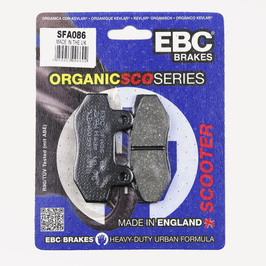 EBC Brakes Scooters organic brake pad SFA086 showing the black friction surface and mounting hardware for scooter braking system.