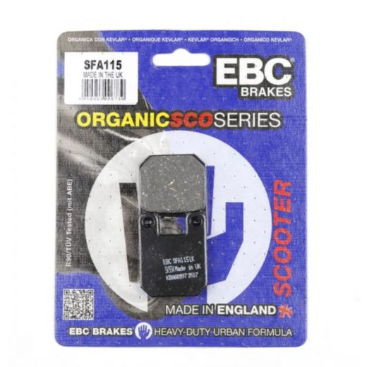 EBC Brakes Scooters organic brake pad SFA115 showing the brake pad with friction material and metal backing plate.
